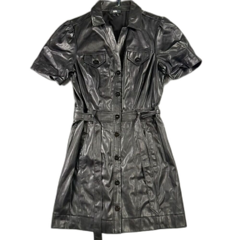 PAIGE Womens M Black Faux Leather Mini Shirt Dress Belted Short Sleeve
